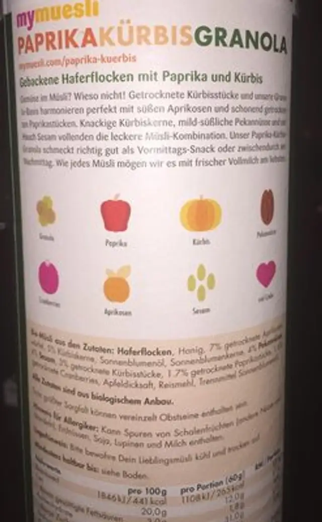 Paprikakürbisgranola ingredients label