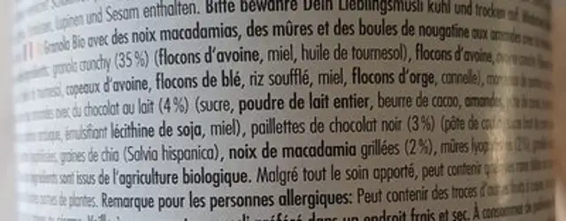 Muesli golden granola ingredients label