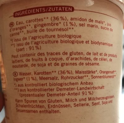 Soupe Aux Carottes & Gingembre ingredients label