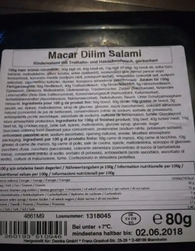 Macar Dilim Salami ingredients label