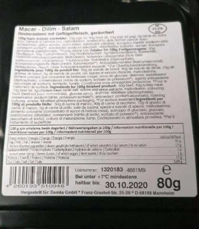 Macar Dilim Salami nutrition facts table
