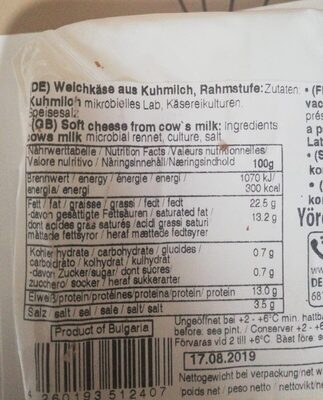 Trakya tipi inek peyniri nutrition facts table