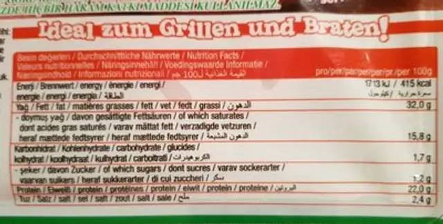 Parmak sucuk ingredients label