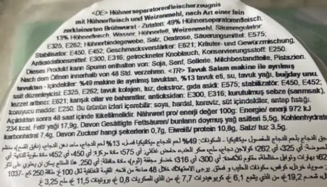 Saucisson poulet ingredients label