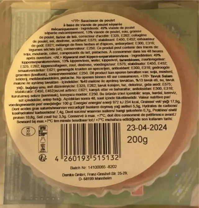 Saucisson poulet nutrition facts table