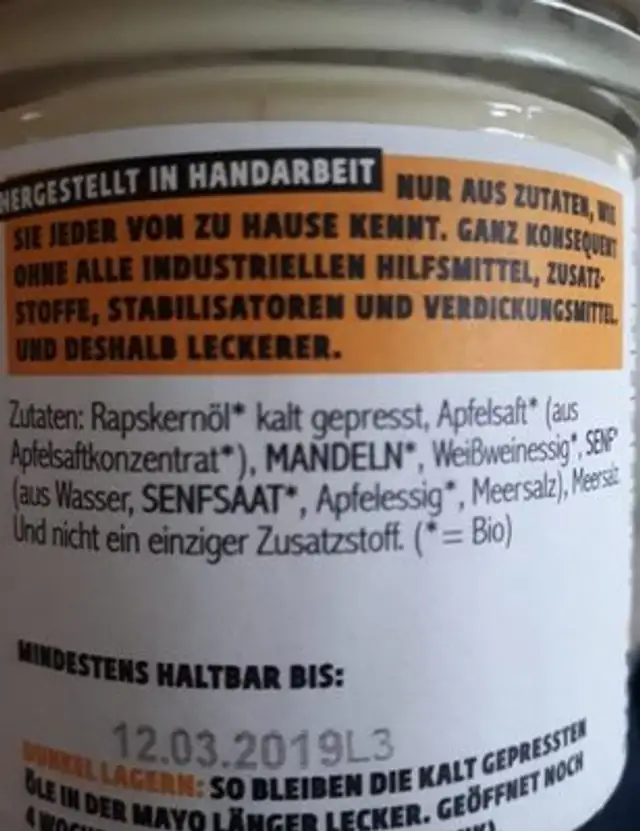 Vegane Mayo ingredients label