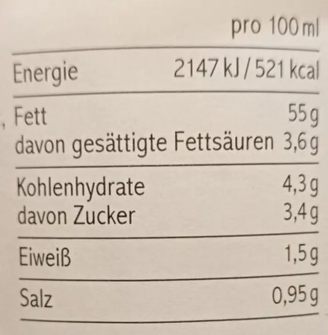 Vegane Mayo nutrition facts table