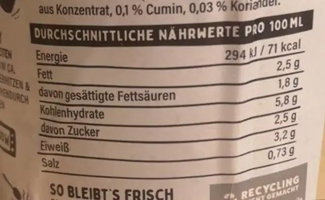 Rote Linsen Suppe nutrition facts table