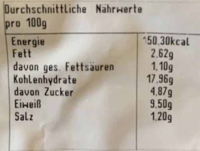 Geflügel Maultaschen nutrition facts table