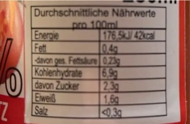 Niemeyer‘s Tomaten Ketchup nutrition facts table
