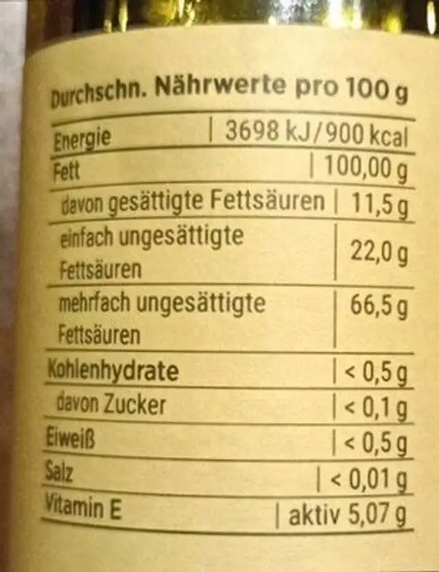 Sonnenblumenöl nutrition facts table