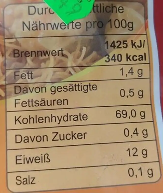 Wan-Tan-Nudeln nutrition facts table