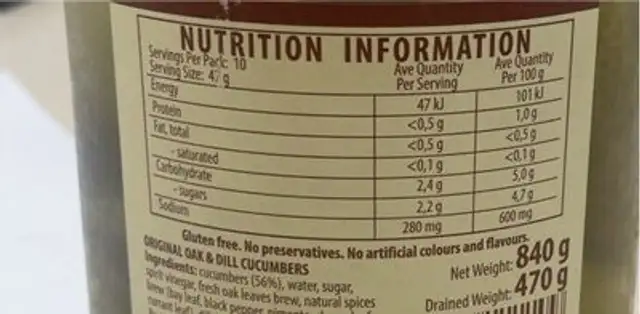 Original Oak and Dill Cucumbers nutrition facts table