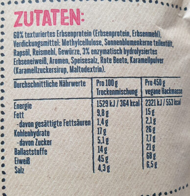 Veganes Hack ingredients label