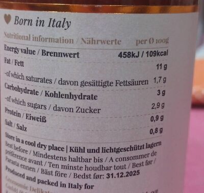 Sugo da Mamma nutrition facts table