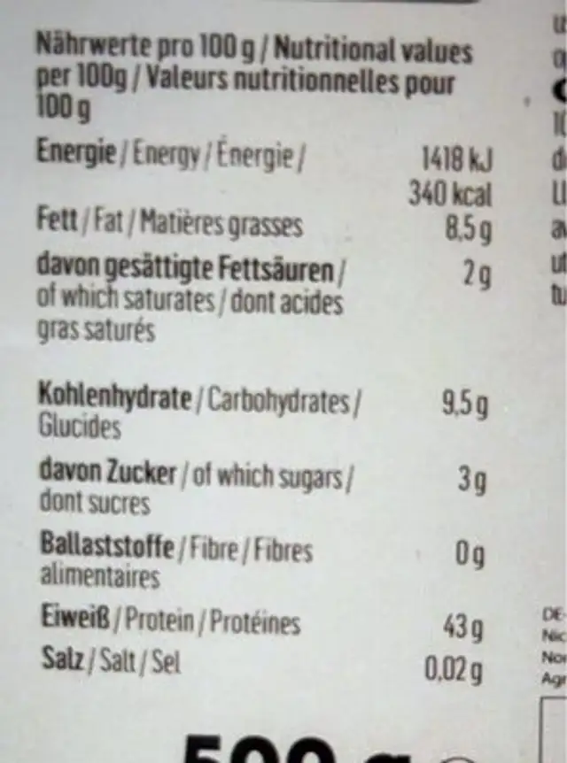 Proteines de lupin nutrition facts table