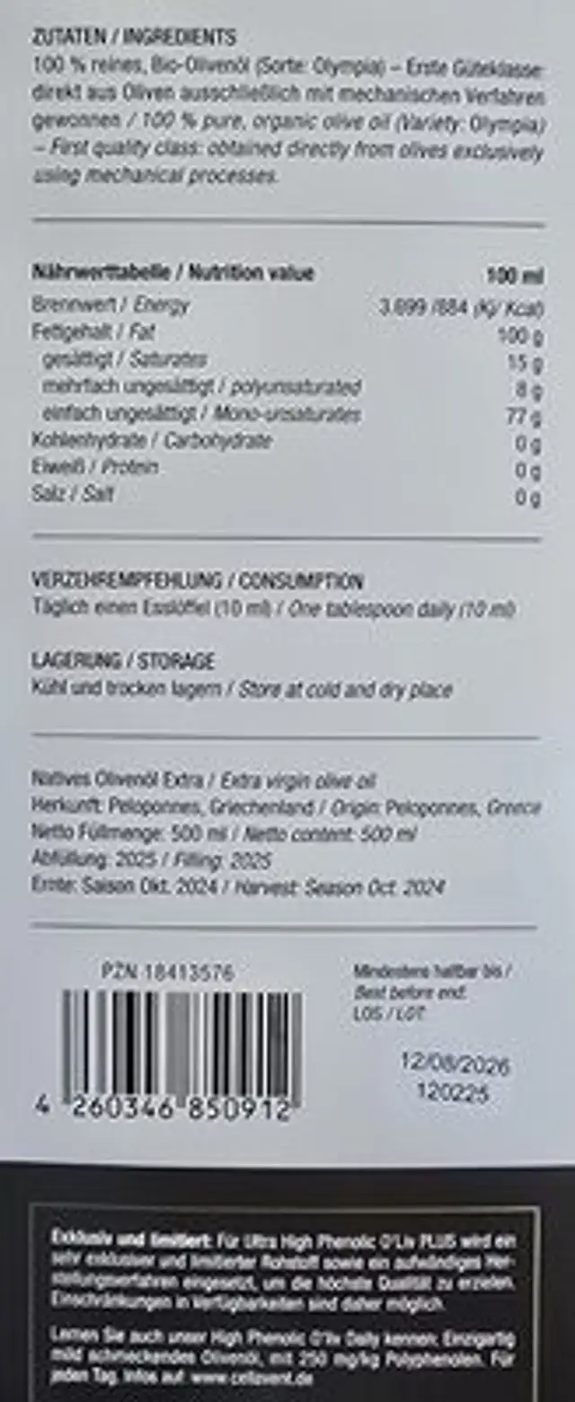 Oliv plus nutrition facts table