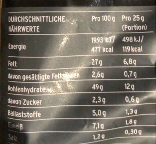 Hand cooked chips seeet chilli nutrition facts table