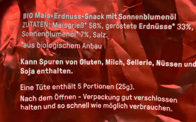 Bio-Erdnussflips ingredients label
