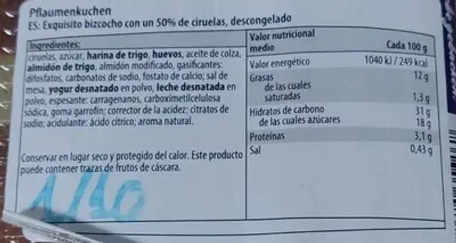 Pflaumen kuchen nutrition facts table