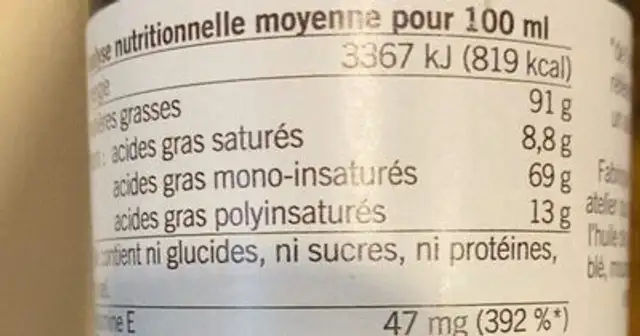 Huile pour wok nutrition facts table