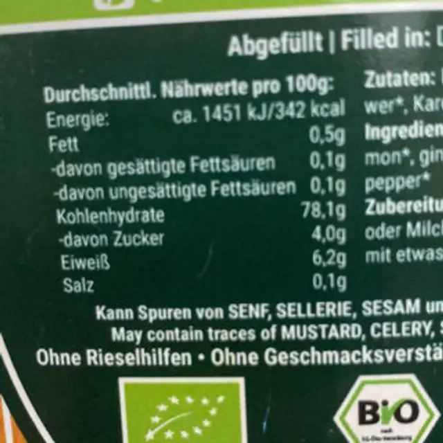 azrafan Goldene Milch nutrition facts table
