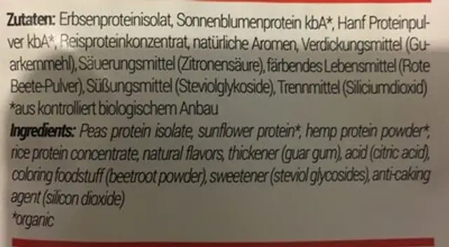 Vegan Protein ingredients label