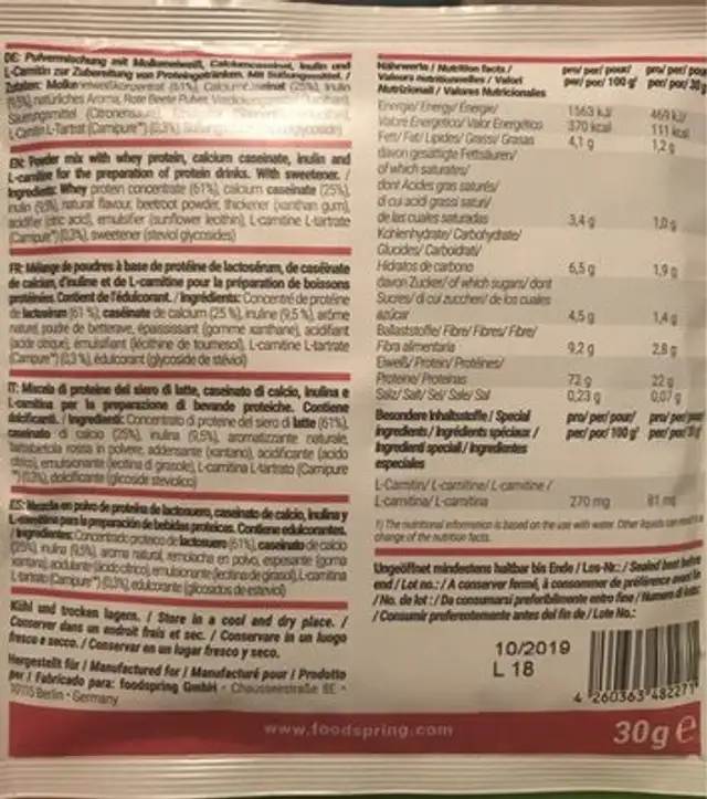 Shape shake nutrition facts table