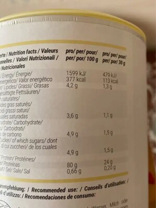 Whey protein vanille nutrition facts table