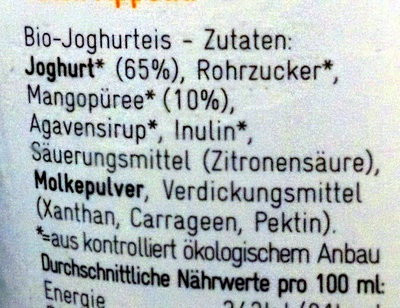 Mango 100% Natural Frozen Yogurt ingredients label