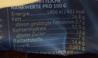 Power Riegel nutrition facts table