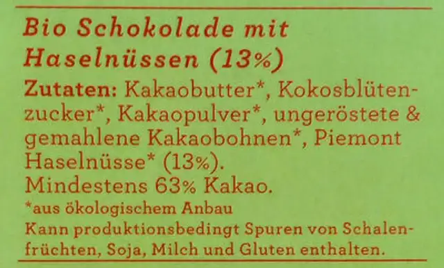 Reine Schokolade Haselnuss ingredients label