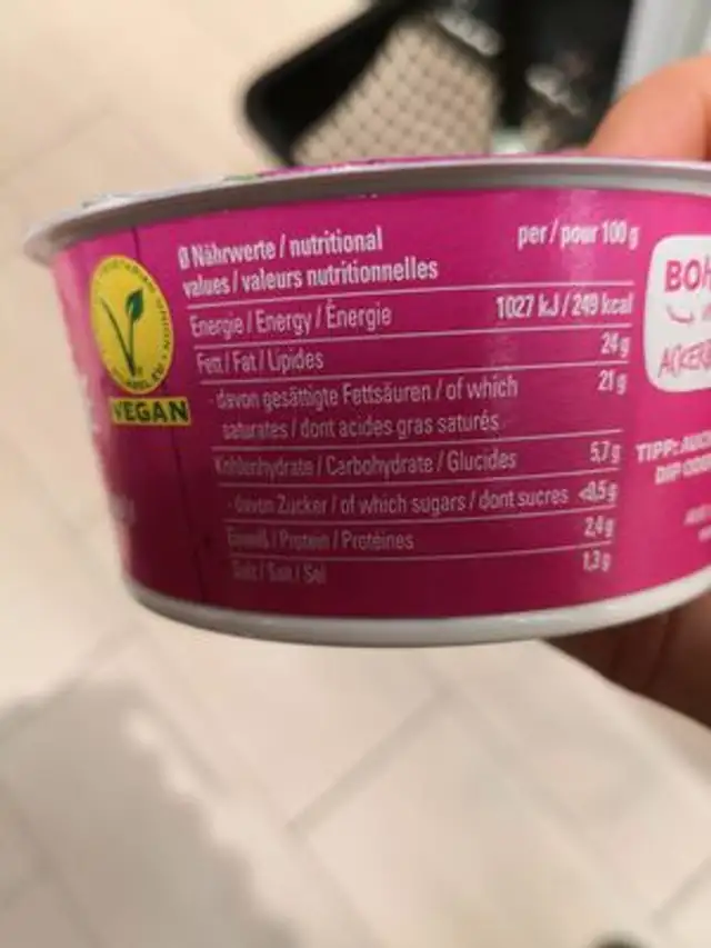 Unknown nutrition facts table