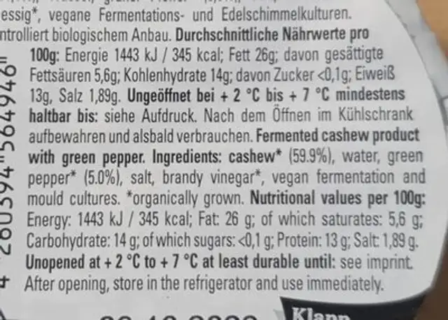 Happy White nutrition facts table