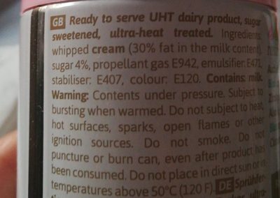 Farbige Sprühsahne ingredients label