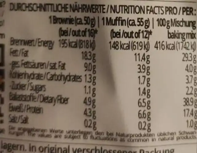 Browniezauber nutrition facts table