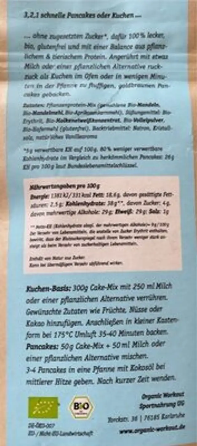 BIO LOWER CARB CAKEMIX Pancakes nutrition facts table