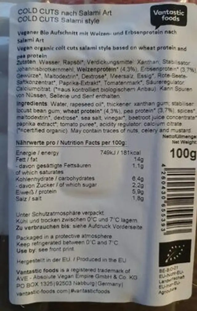 Cold Cuts - salami style nutrition facts table