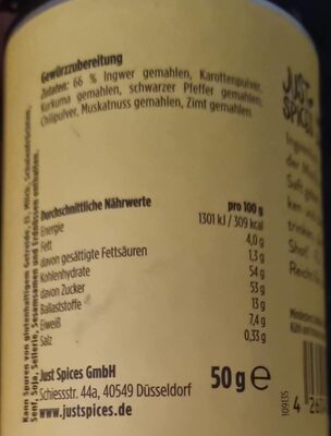 Ingwer Shot Gewürz nutrition facts table