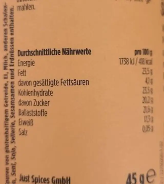 Kaffeekuss nutrition facts table