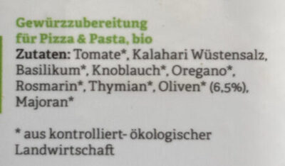 Pizza & Pastazauberei ingredients label