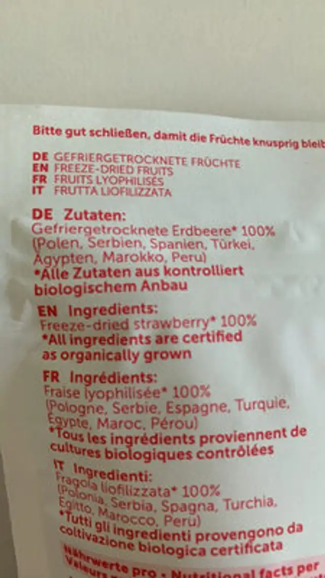 Erdebeeren gefriergetrocknet ingredients label