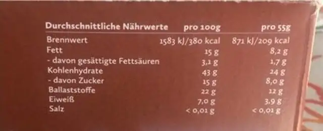 Pocket porridge nutrition facts table