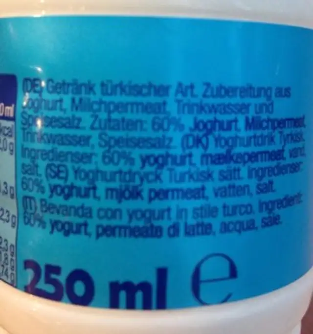 Ayran ingredients label