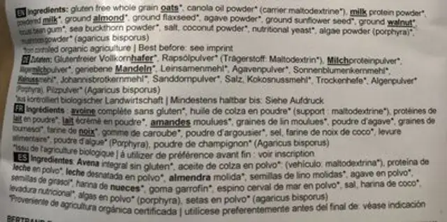 Nutrition Powder Active Nature ingredients label