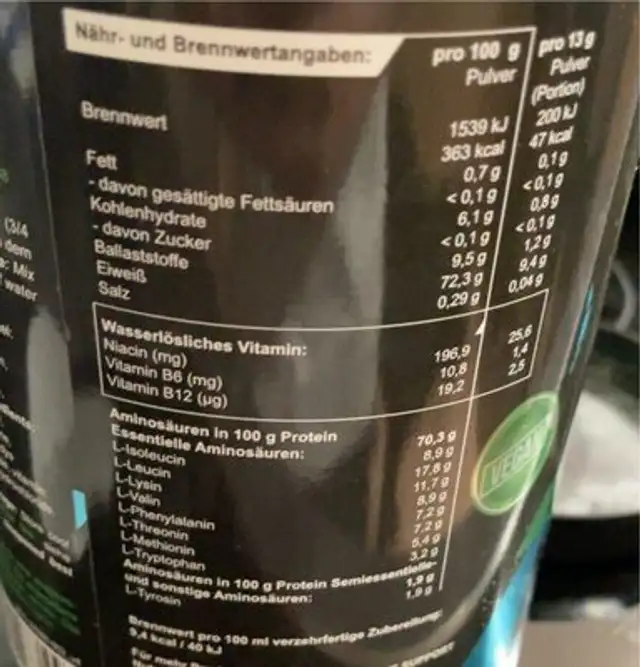 EAA Cola nutrition facts table