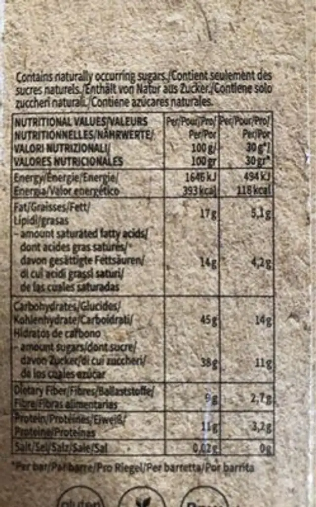 Coconut Slim Bar nutrition facts table