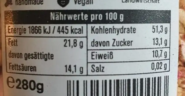 Frühsportfreunde Bio Hafer-Granola mit Früchten nutrition facts table