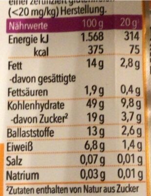 Bio Riegel mit Hafer, Karotte, Zimt & Orange nutrition facts table