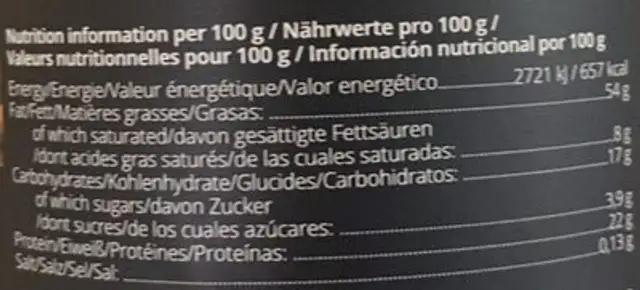 Planet nutrition facts table